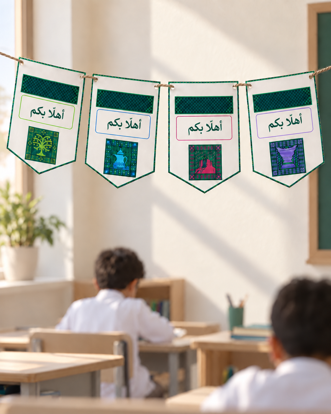 أعلام مثلثة مطبوعة مكتوب عليها «أهلًا بكم» معلّقة على حبل داخل فصل دراسي وطلاب جالسون تحتها