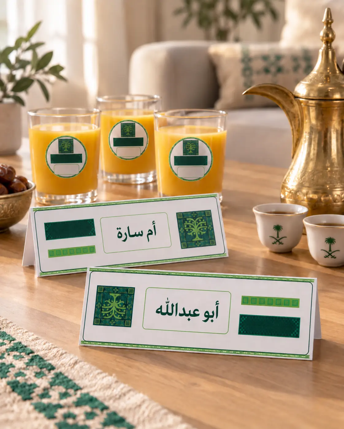 بطاقتا طاولة مطويتان باسمي «أم سارة» و«أبو عبدالله» على طاولة خشبية مع كؤوس عصير عليها ستيكرات دائرية ودلّة وفناجين قهوة